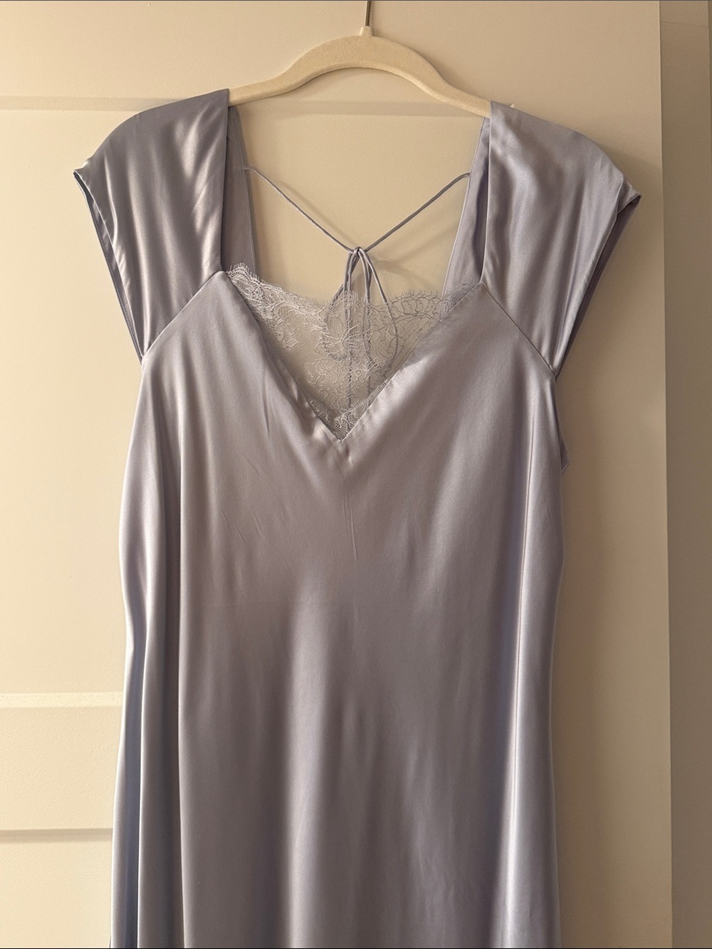 Cami NYC Silver-Lavender Satin Maxi Dress with Lace Trim
